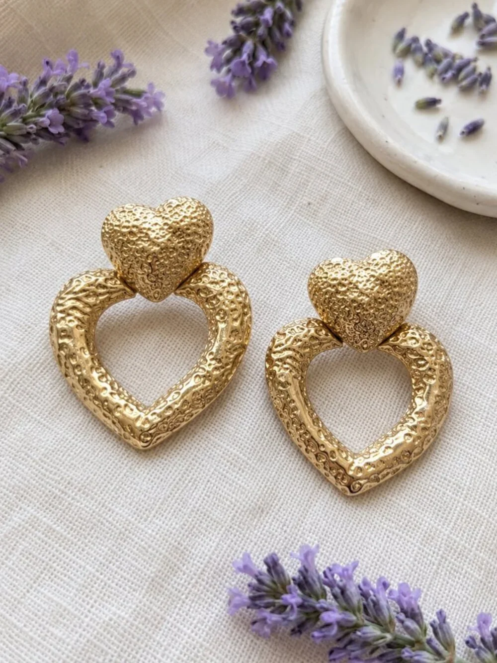 18K Gold Plated SS Coquette Mob Wife Double Heart Hammered Statement Studs 1.9in